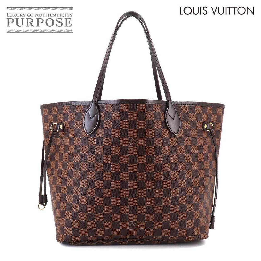 Louis Vuitton Neverfull Damier Tote Bag Canvas Leather Ebene Brown Cerise Red
